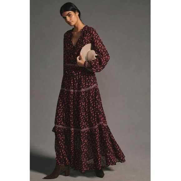 Temperley London x Anthropologie Smocked Maxi Dress, Star Print Long Sleeve - Picture 1 of 11